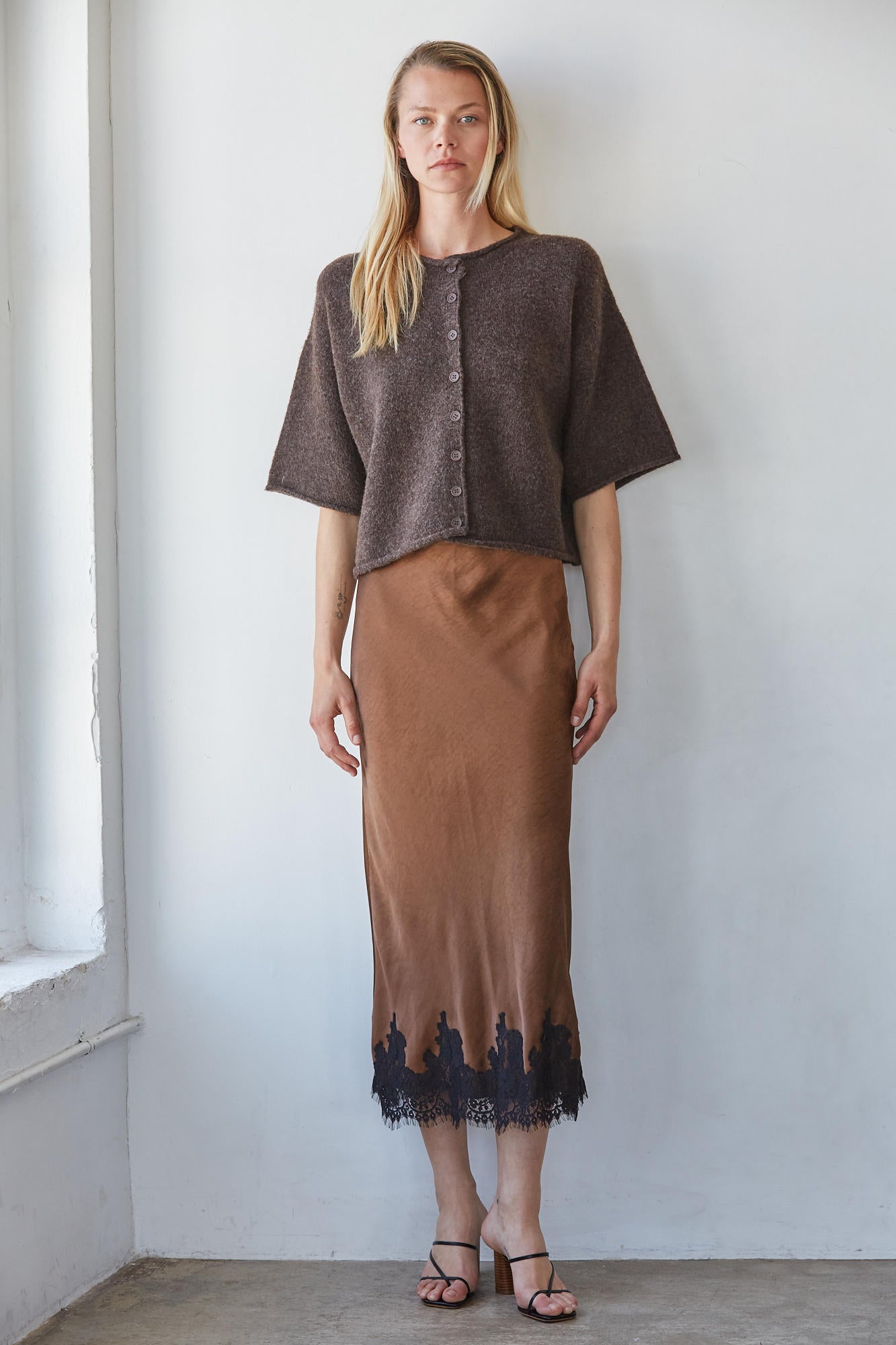 Satin Lace Trim Midi Skirt