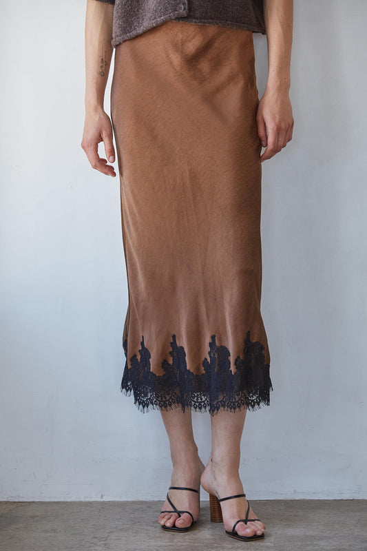 Satin Lace Trim Midi Skirt
