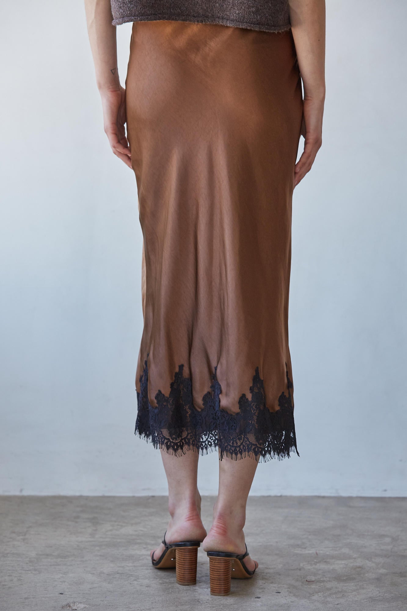 Satin Lace Trim Midi Skirt