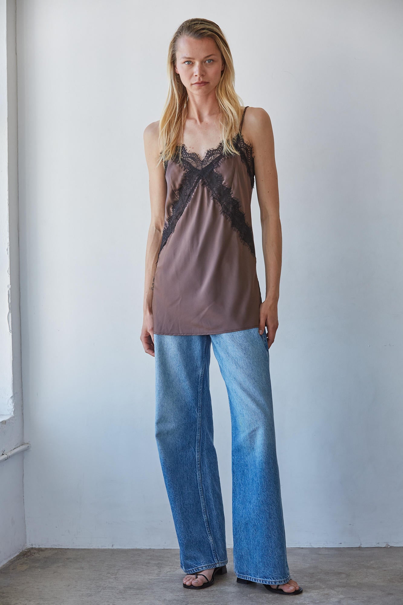 Satin Contrast Lace Trim Long Cami