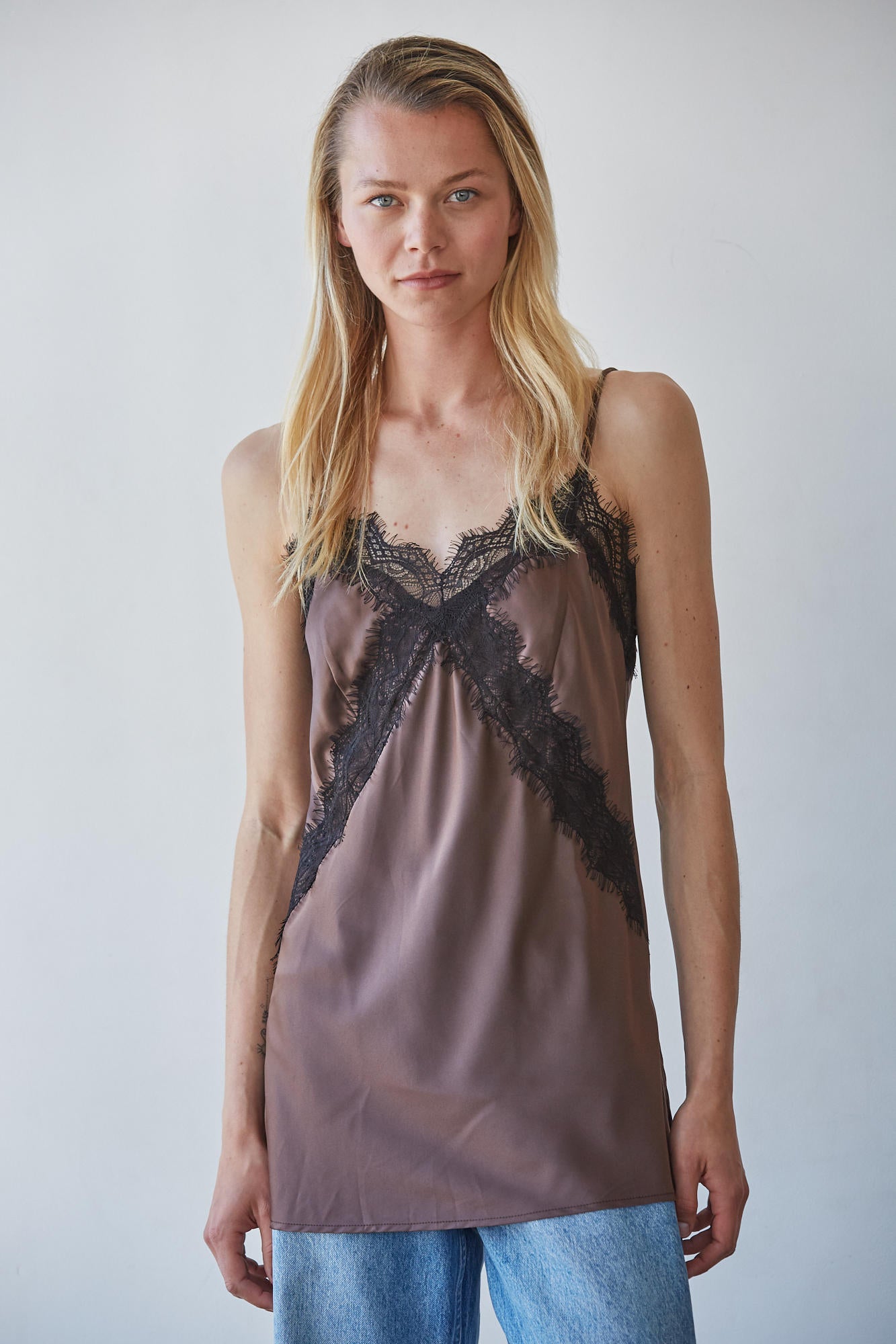 Satin Contrast Lace Trim Long Cami