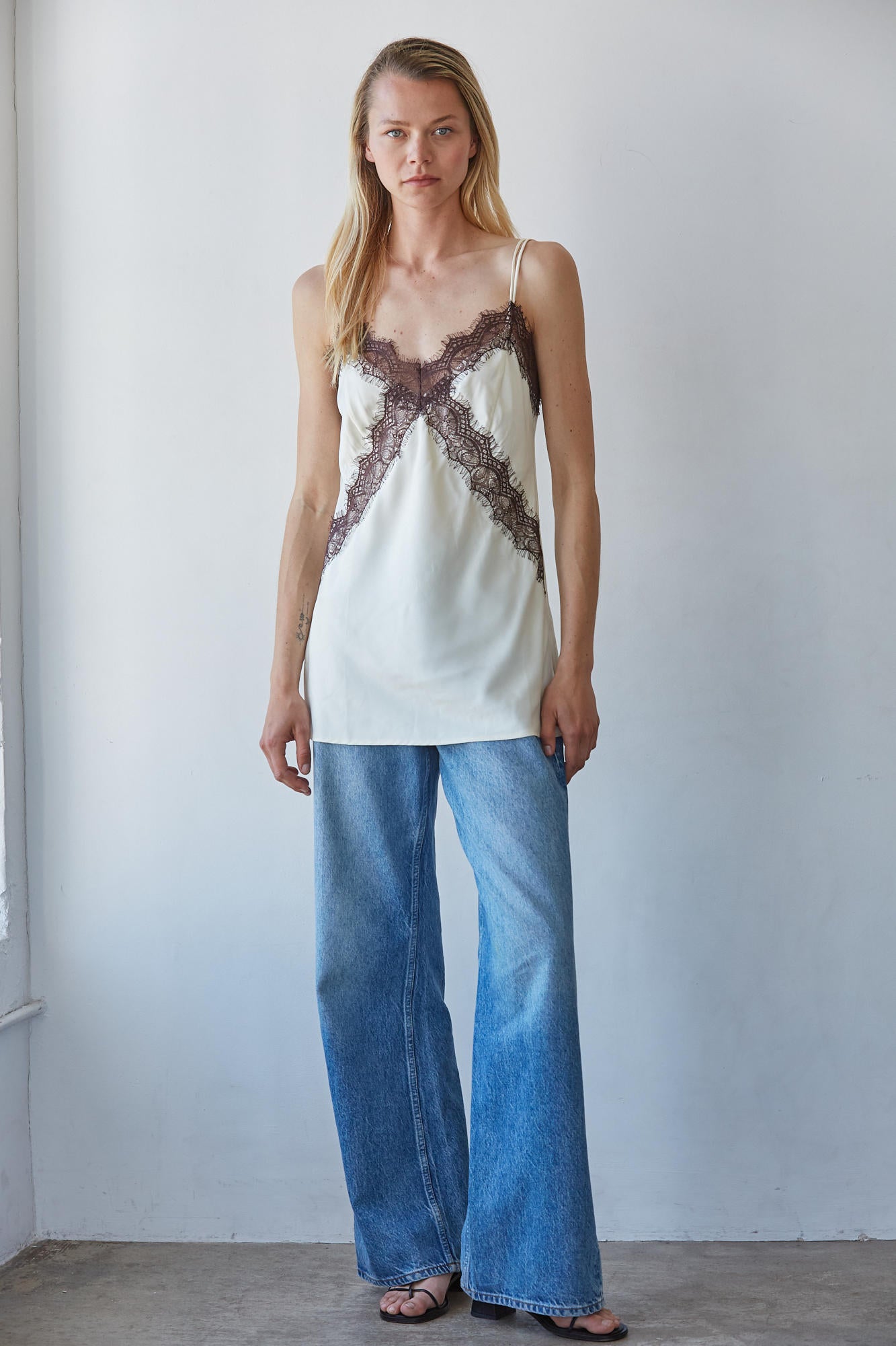 Satin Contrast Lace Trim Long Cami