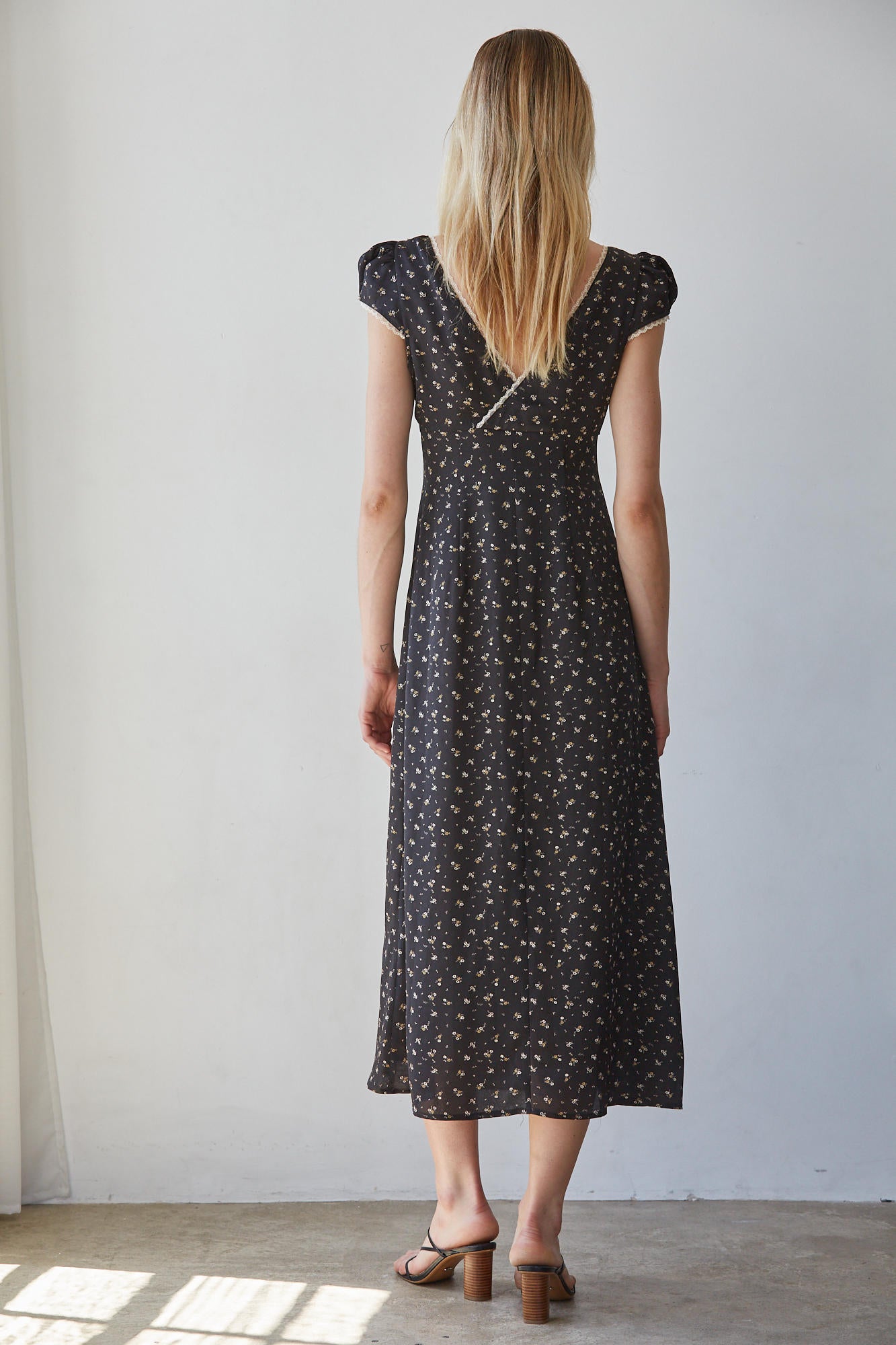 Black Floral Lace Trim Midi Dress