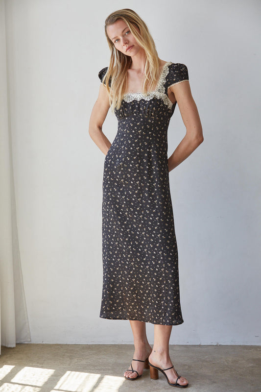 Black Floral Lace Trim Midi Dress