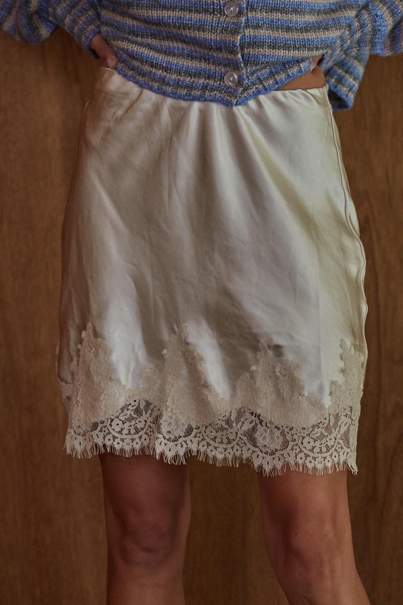 Pearl Satin Lace Trim Mini Skirt