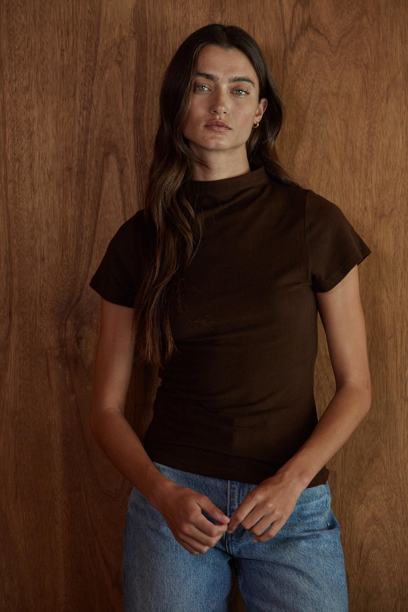 Brown Mock Neck Short Sleeve top