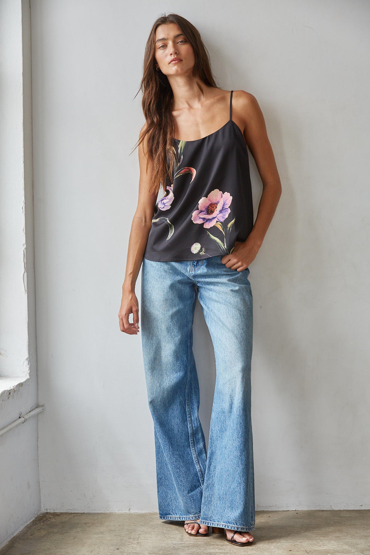 Black Floral Satin Cami Top