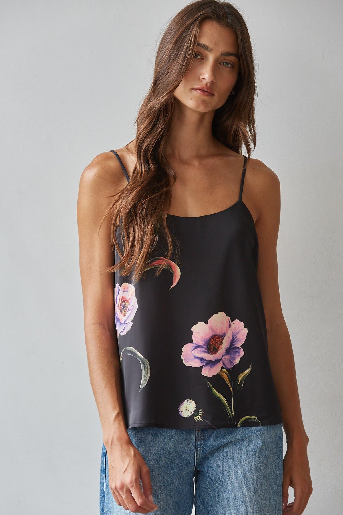 Black Floral Satin Cami Top