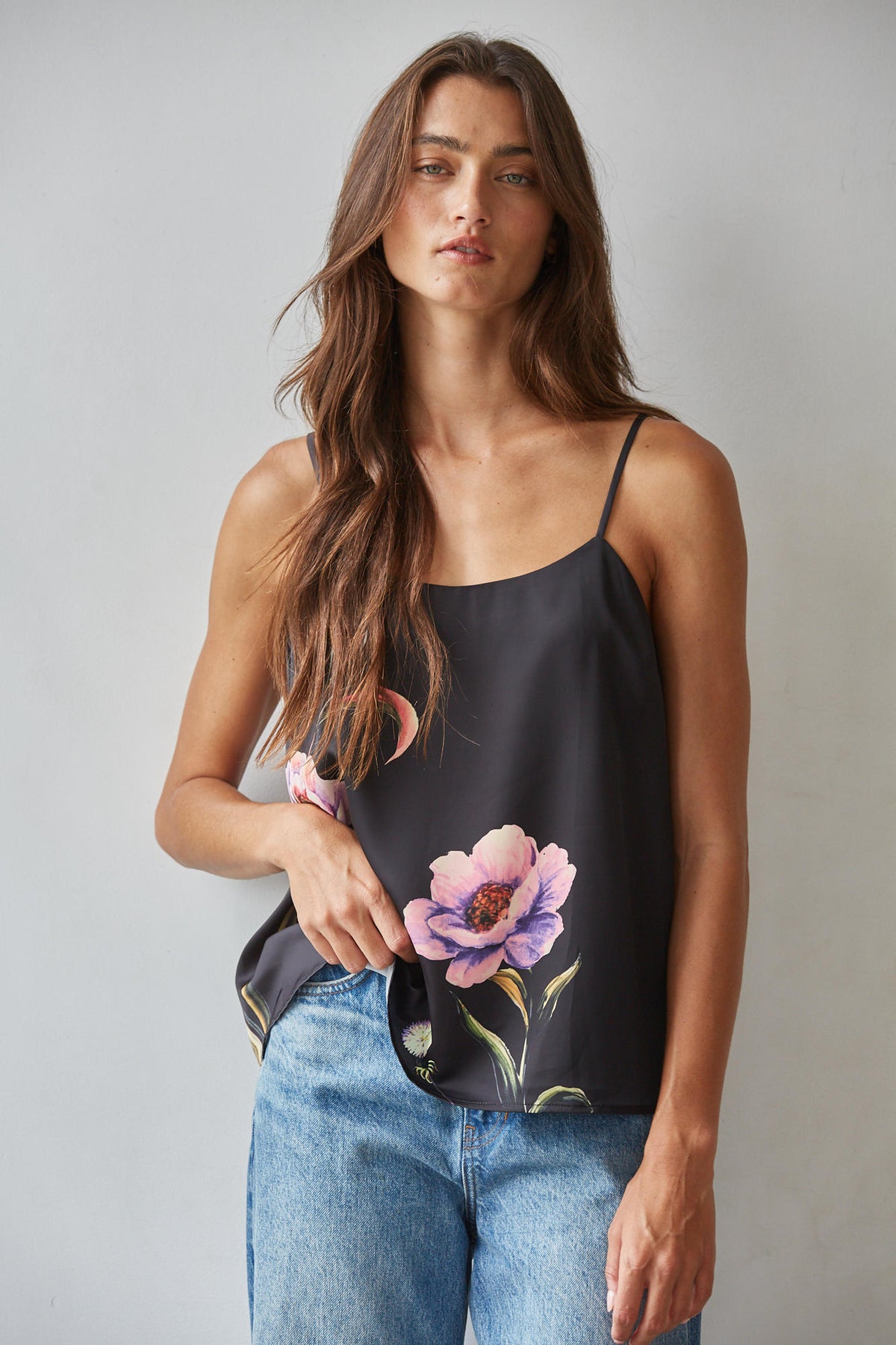 Black Floral Satin Cami Top