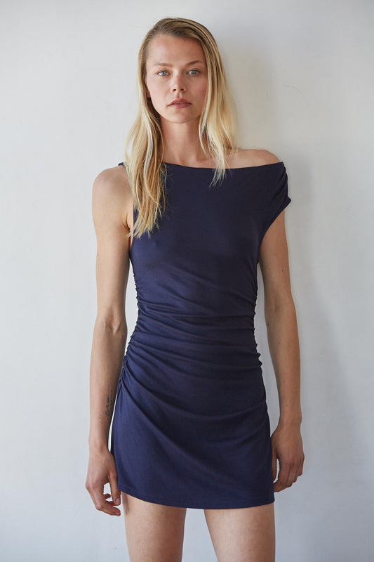 Navy Asymmetrical Knit Mini Dress