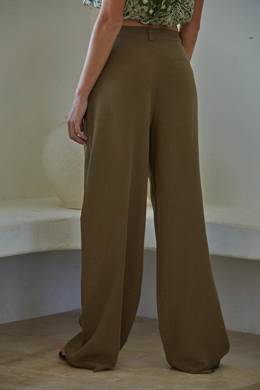 Olive Tencel Linen Pleated Trouser
