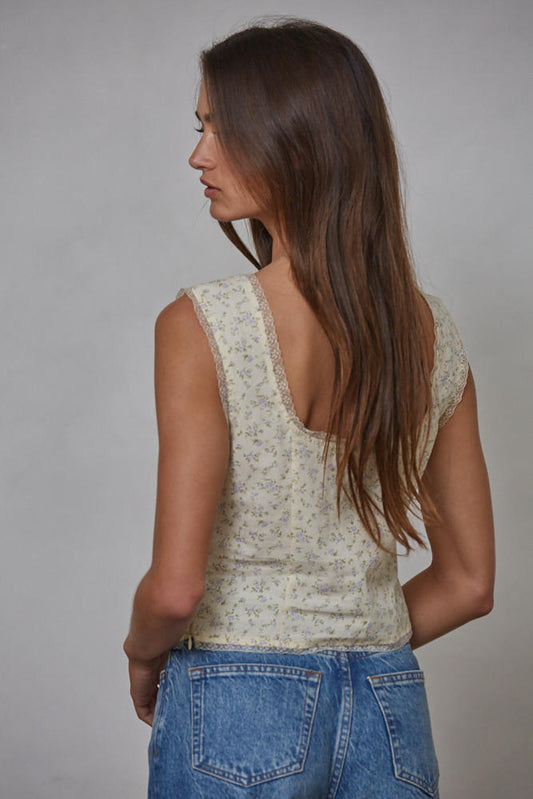 Cream Floral Tie Front Lace Trim Top