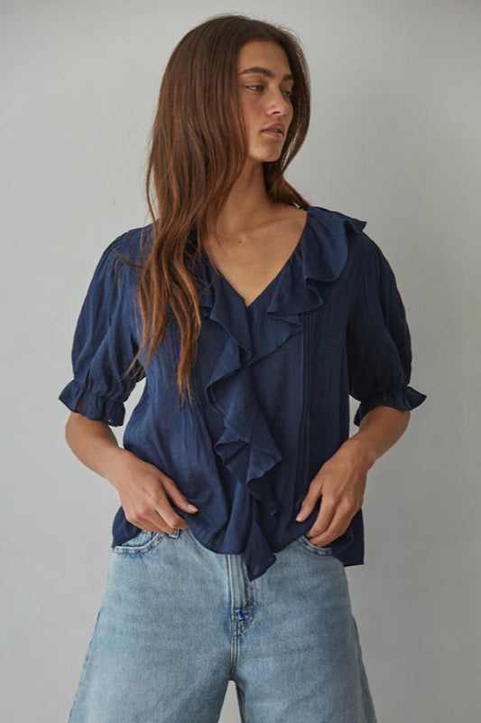 Navy Short Sleeve Ruffle Blouse
