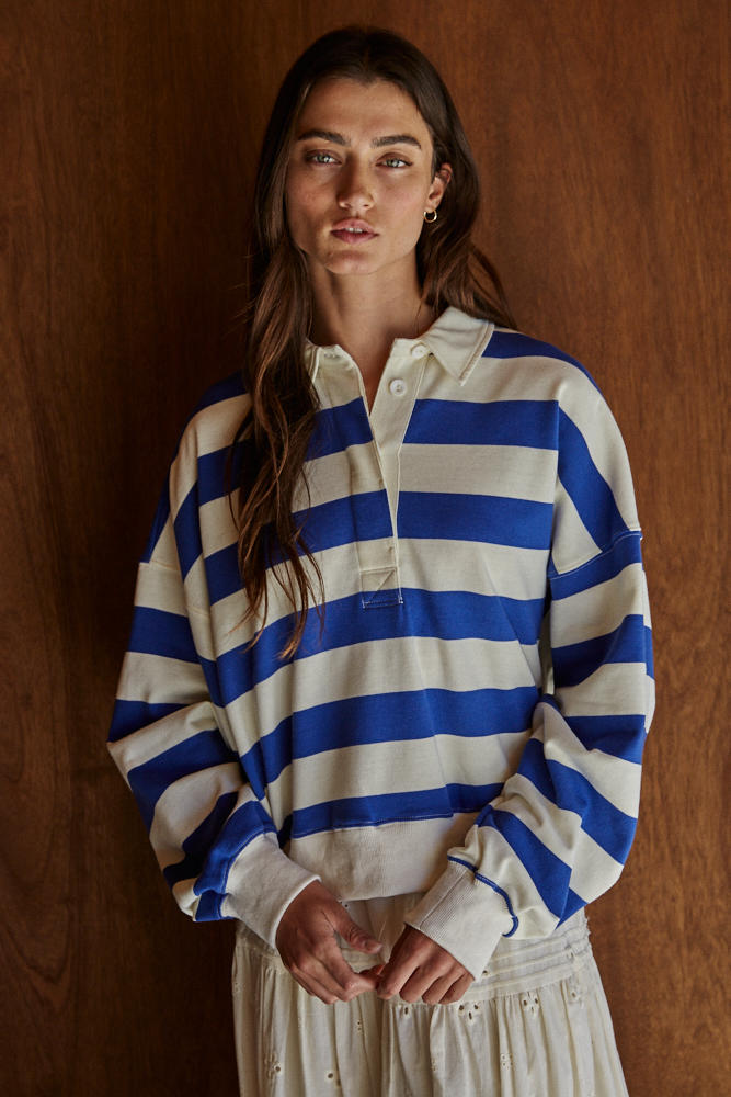 Blue Striped Collared French Terry Pullover