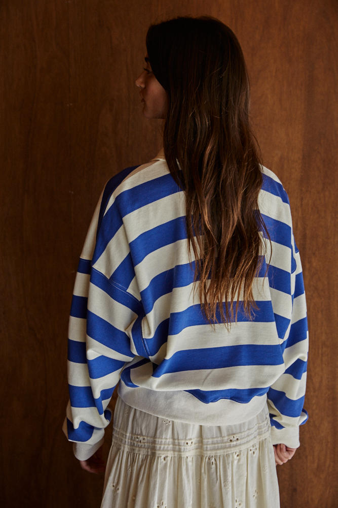 Blue Striped Collared French Terry Pullover