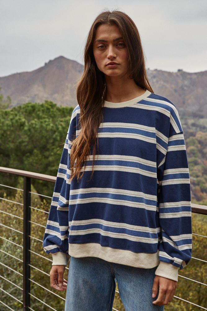 Navy Blue Cotton Striped Long Sleeve Pullover Top