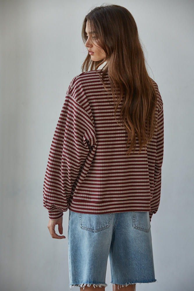 Burgundy Ivory Striped Knit Collared Pullover Top