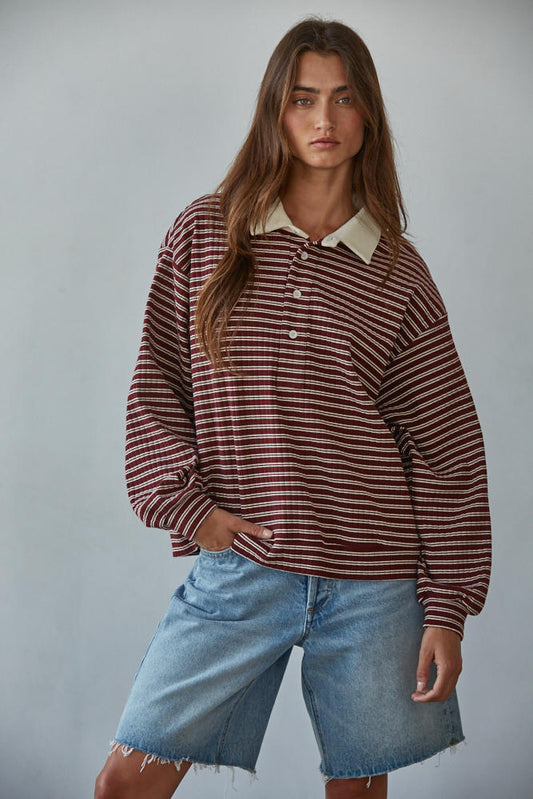 Burgundy Ivory Striped Knit Collared Pullover Top