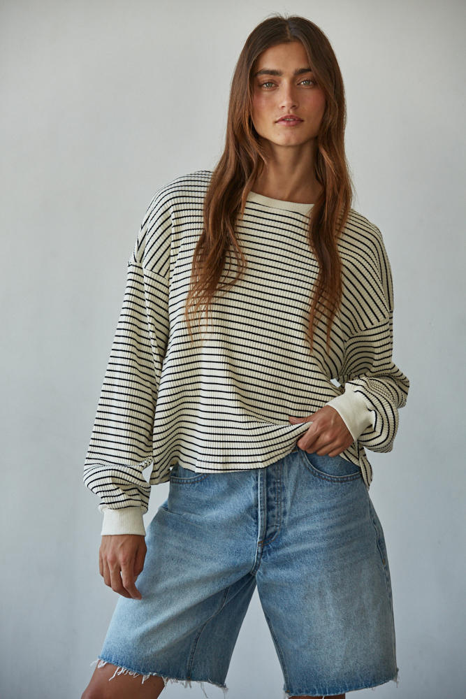 Striped Ribbed Crew Neck Long Sleeve Top