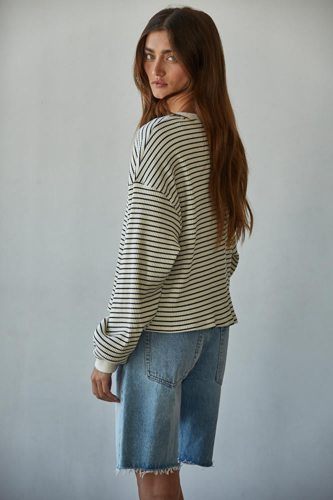 Striped Ribbed Crew Neck Long Sleeve Top