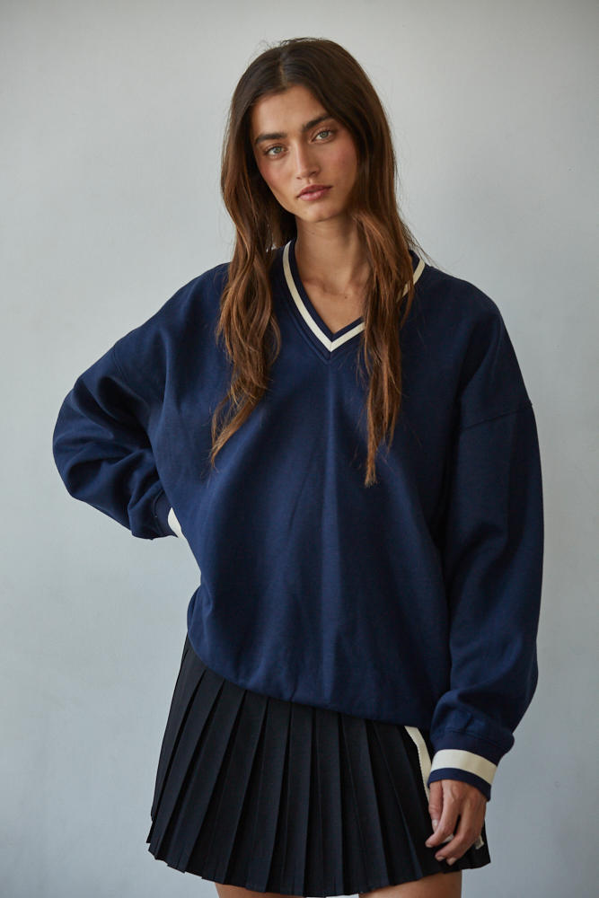 French Terry V-Neck Varsity Ribbed Trim Pullover