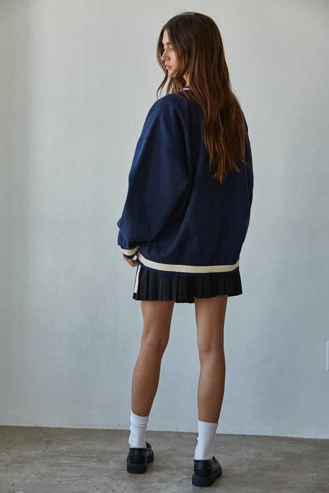 French Terry V-Neck Varsity Ribbed Trim Pullover
