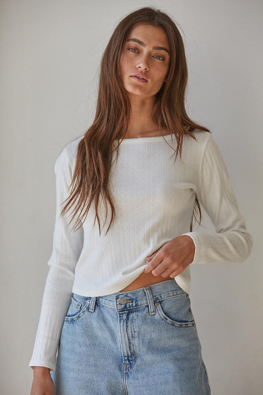 Pointelle Ribbed Long Sleeve Knit Tee
