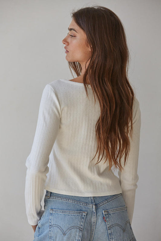 Pointelle Ribbed Long Sleeve Knit Tee