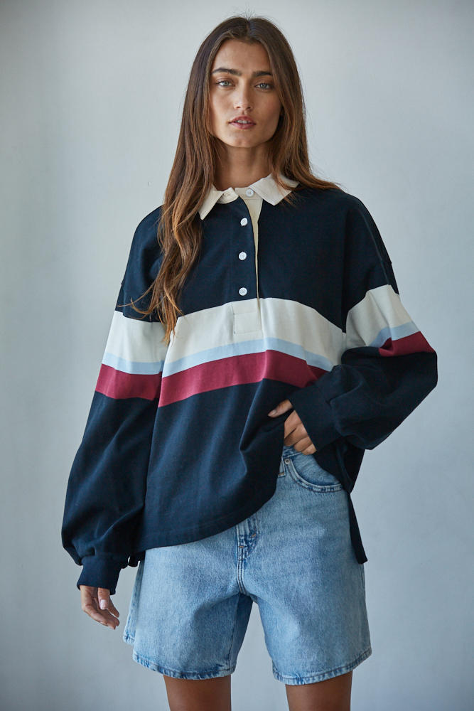 Cotton Rugby Stripe Pullover Polo Top