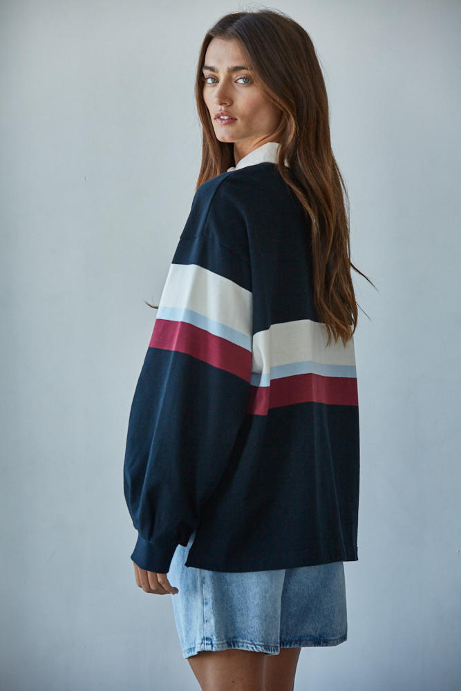 Cotton Rugby Stripe Pullover Polo Top