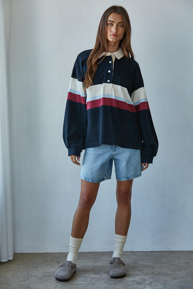 Cotton Rugby Stripe Pullover Polo Top