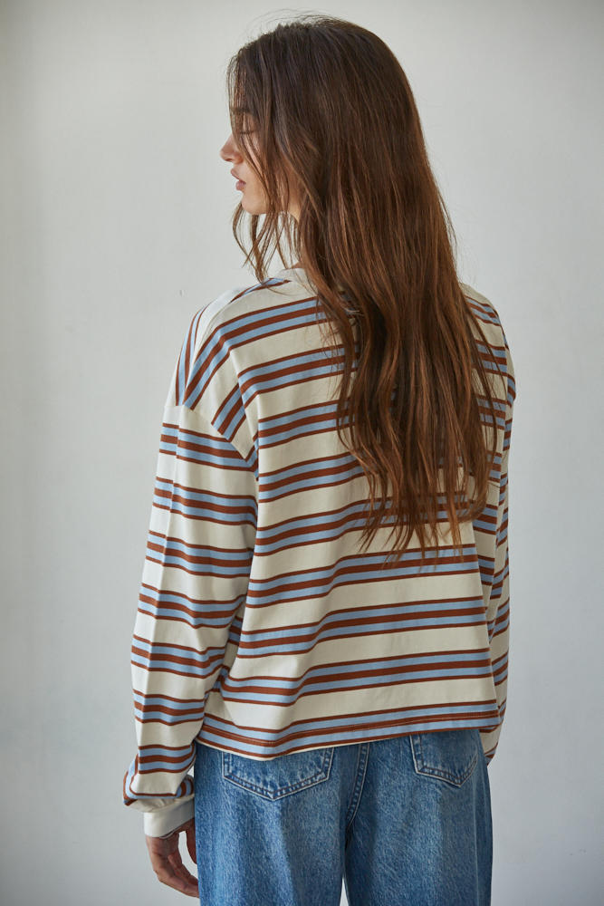 Blue + Camel Striped Long Sleeve Cotton Top