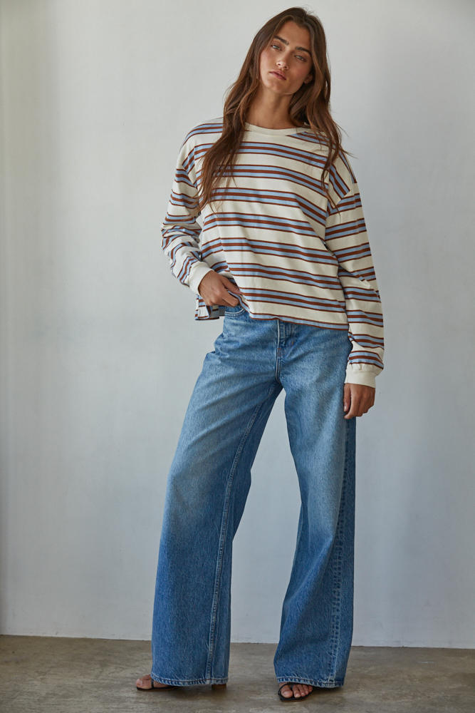 Blue + Camel Striped Long Sleeve Cotton Top