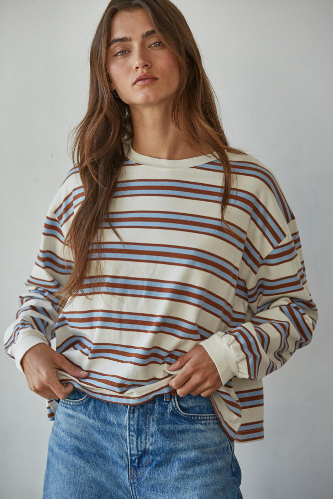 Blue + Camel Striped Long Sleeve Cotton Top