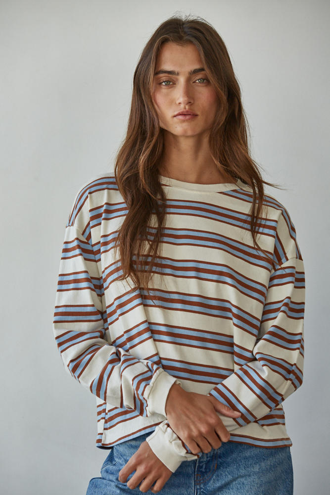 Blue + Camel Striped Long Sleeve Cotton Top