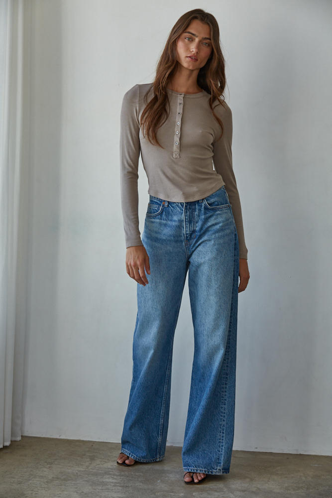 Mocha Ribbed Henley Long Sleeve Top