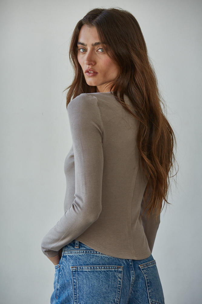 Mocha Ribbed Henley Long Sleeve Top