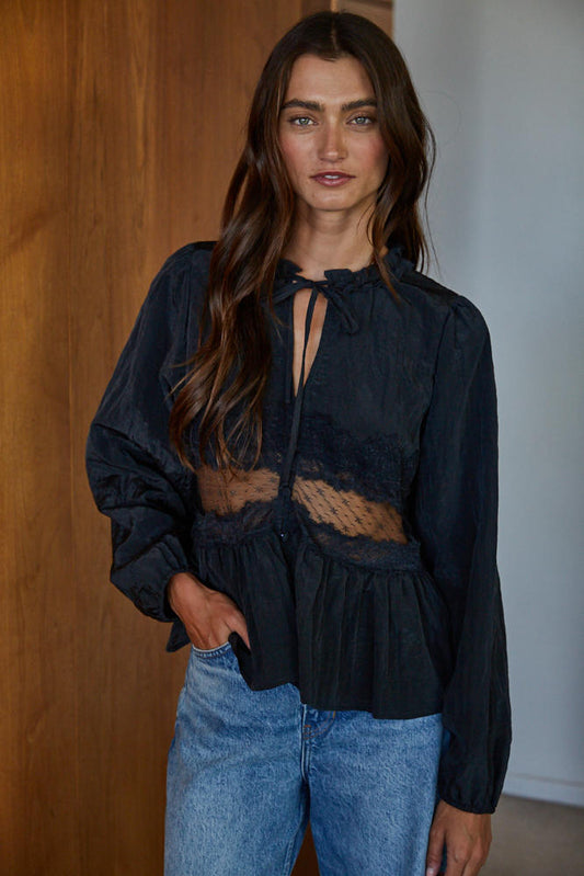 Black Satin Lace Ruffled Long Sleeve Blouse
