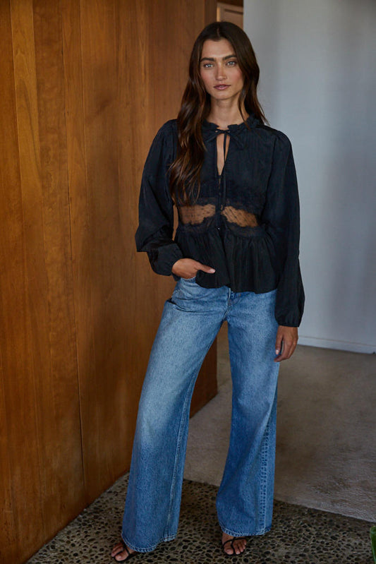 Black Satin Lace Ruffled Long Sleeve Blouse