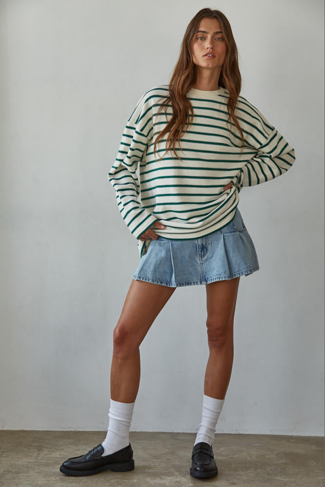 Green Striped Cotton Knit Pullover