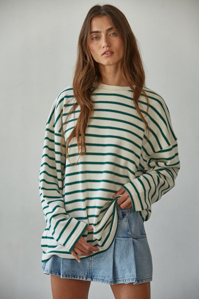 Green Striped Cotton Knit Pullover