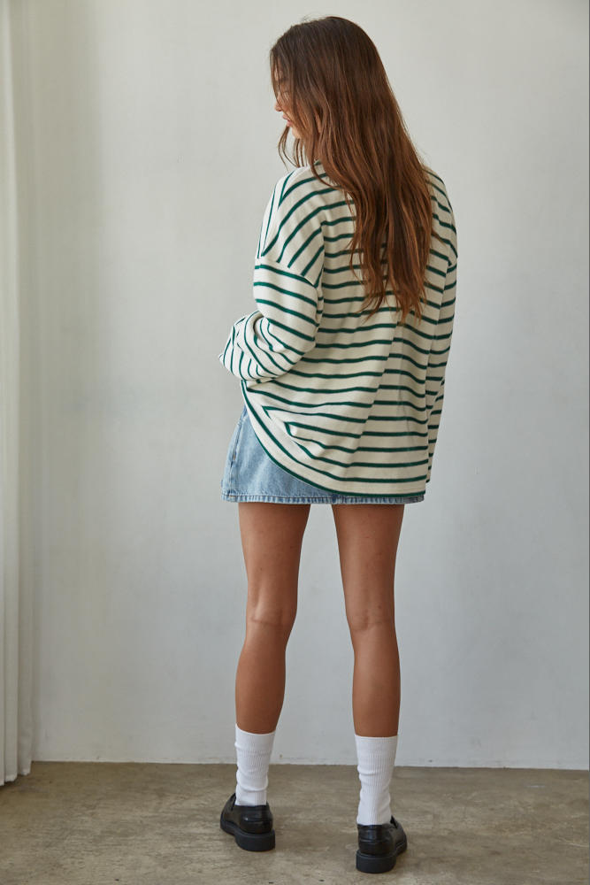 Green Striped Cotton Knit Pullover
