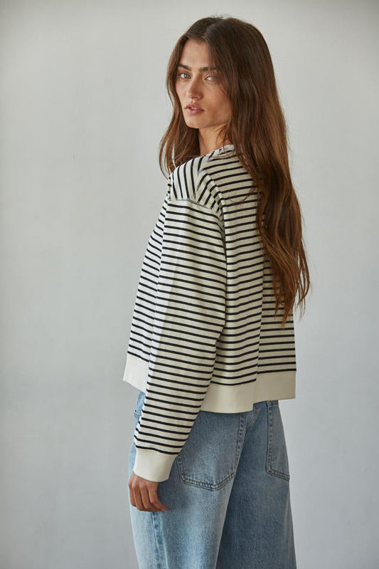 Off White + Black Stripe French Terry Pullover Top