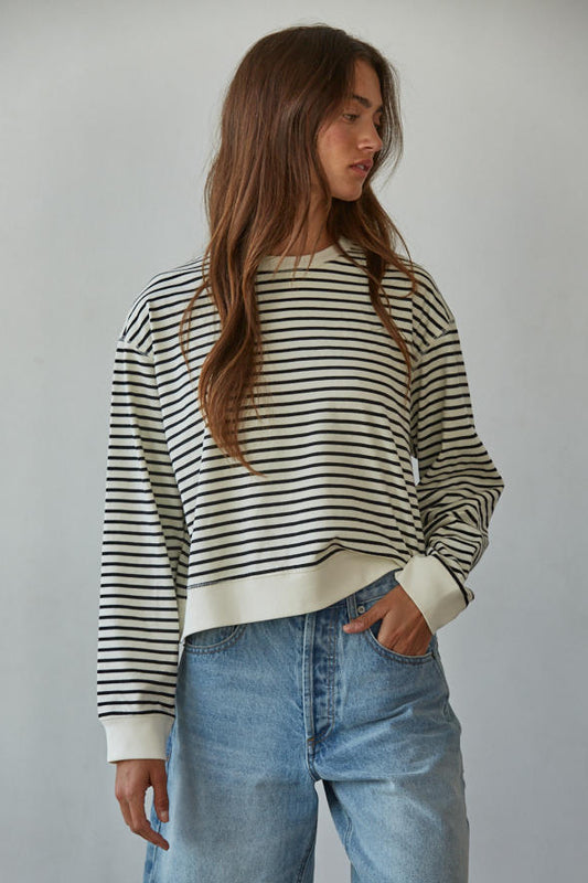 Off White + Black Stripe French Terry Pullover Top