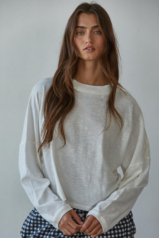 White Cotton Mock Neck Long Sleeve Tee
