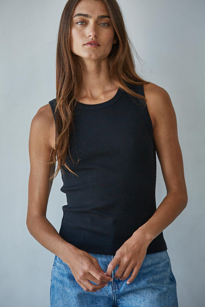 Ribbed High Neck Cotton Tank Top