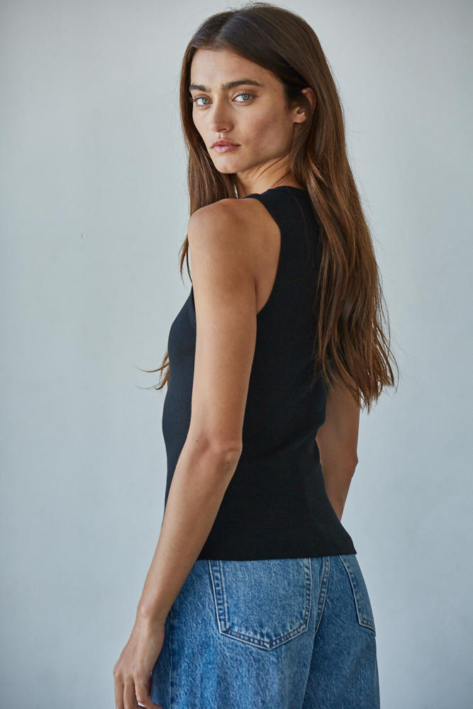 Ribbed High Neck Cotton Tank Top