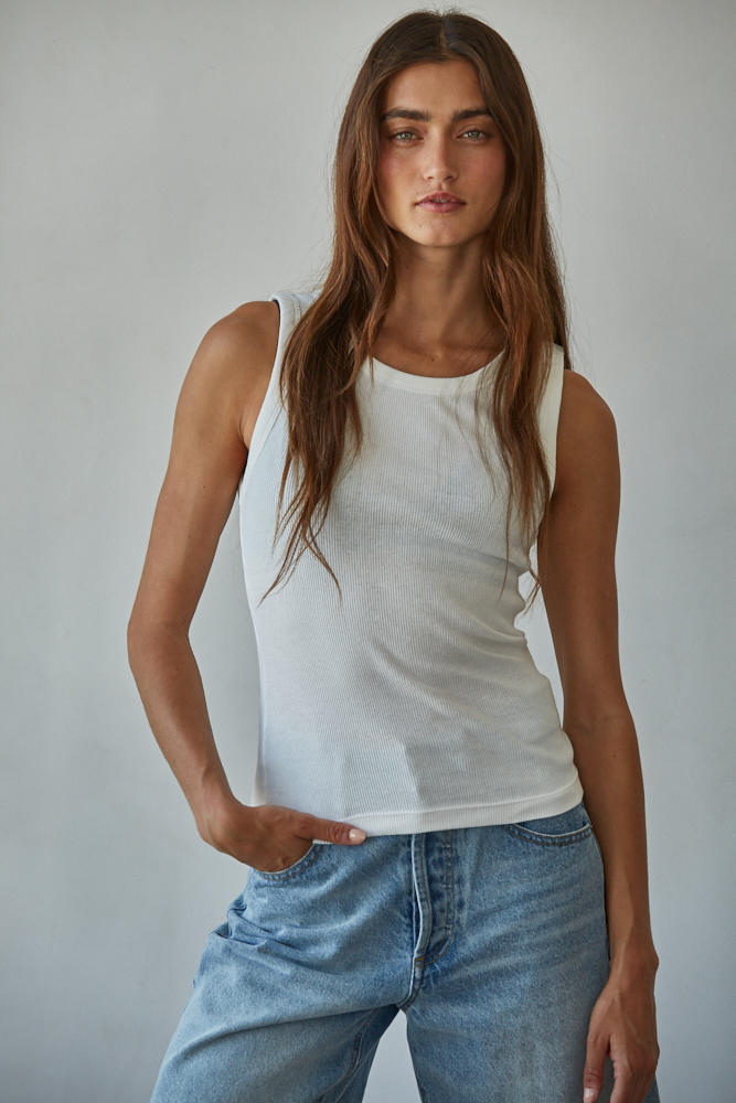 Ribbed High Neck Cotton Tank Top