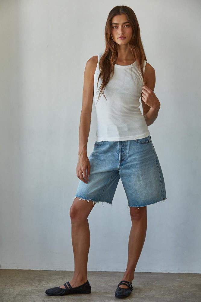 Ribbed High Neck Cotton Tank Top