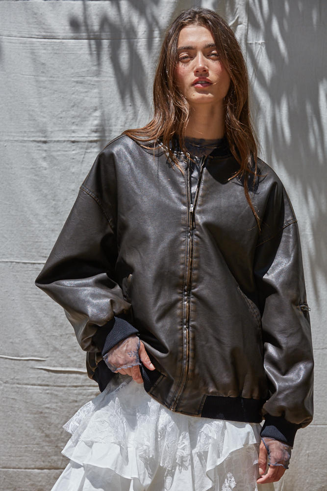 Dark Brown Vegan Leather Bomber Jacket